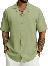 Men Cuban Collar Shirt Short Sleeve Textured Button Down Summer Beach Casual Top