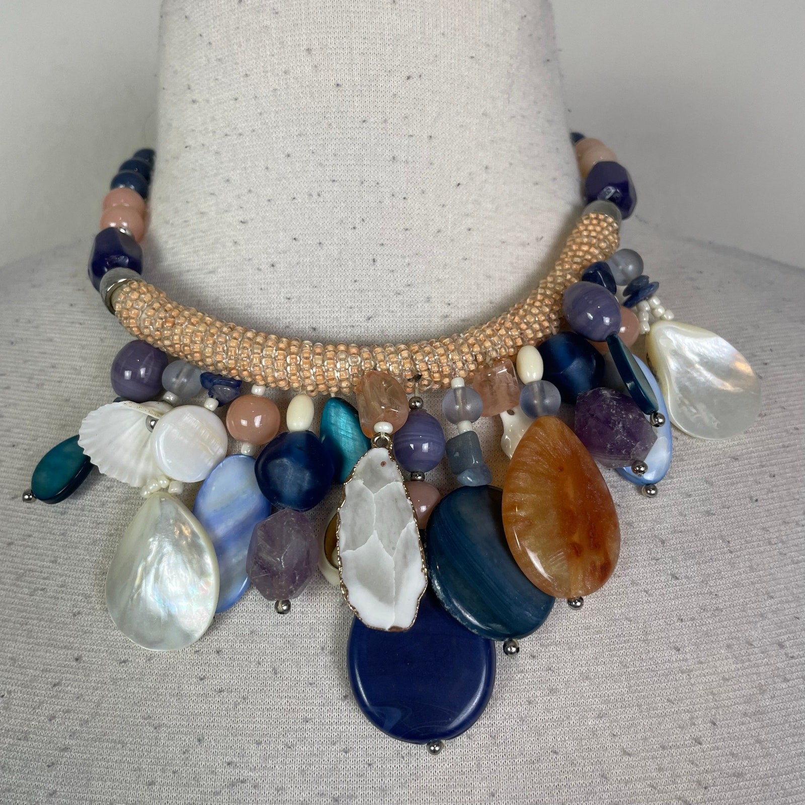 Chico's Tan Navy Bead Shell Statement Necklace - image 1