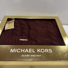 Michael Kors Women's Cable Knit Cuff Beanie Hat & Scarf BURGUNDY GIFT BOX