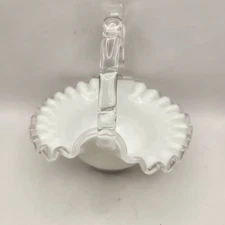 Vintage Fenton Silver Crest Milk Glass Basket Ruffled Edge Clear Glass Handle