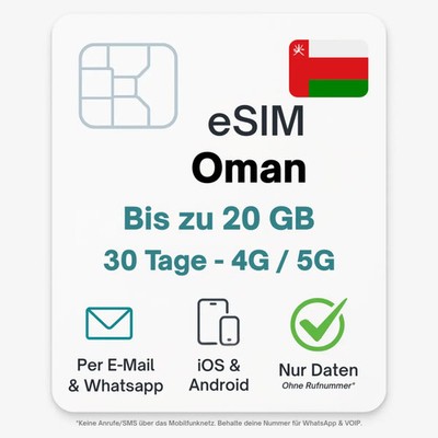 Oman eSIM Datentarif digitale e SIM - per Mail- ohne Telefon Nummer