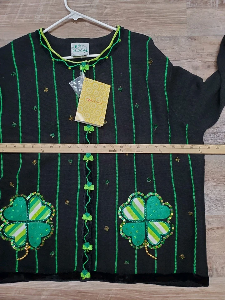 Quacker Factory Cardigan Sweater Womens 3X St Patrick's Day Shamrock Irish Green - Image 2 of 4
