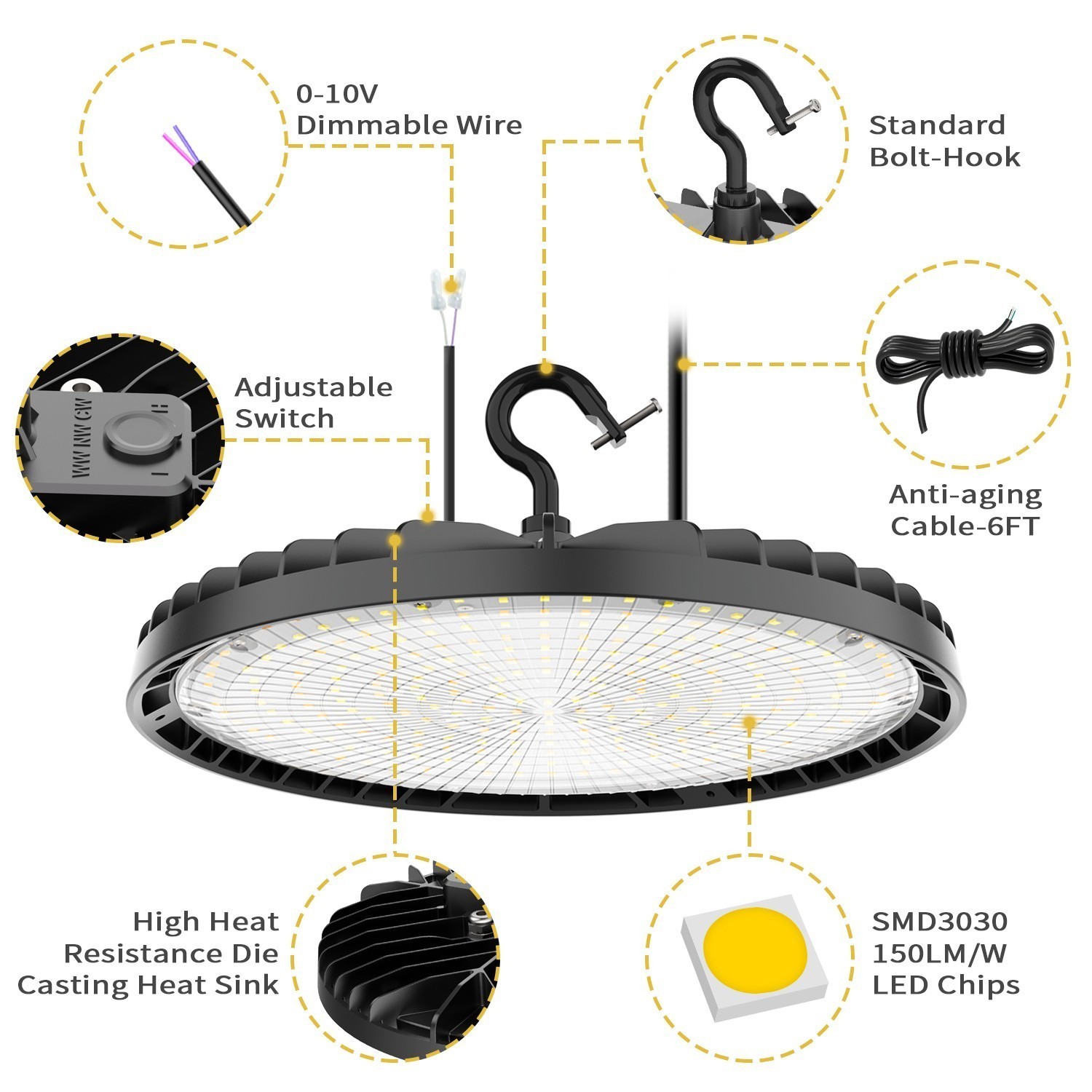 2 Pack 150W Dimmable High Bay LED Shop Light 4500K 5000K 5700K for Warehouse Gym