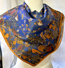 NEW 26 In. Med. Square, Copper and Blue Floral Pattern 100 Silk Scarf - SS 1012