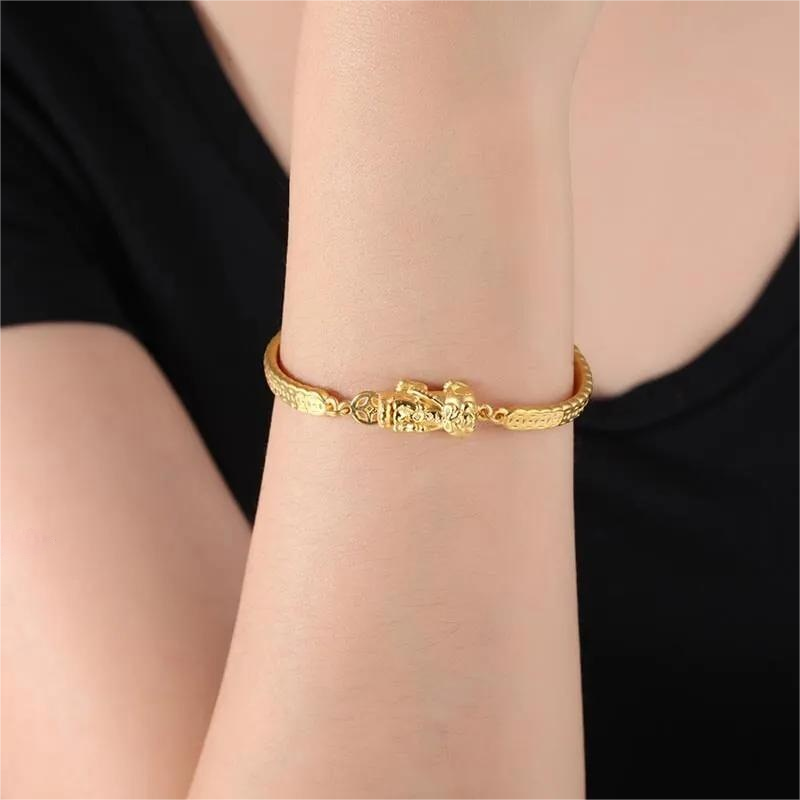 Pure 999 24K Yellow Gold Bangle Pixiu Money Coin Link