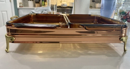 VTG Anchor Hocking Amber Ovenware Serving Dishes with Brass Copper Stand