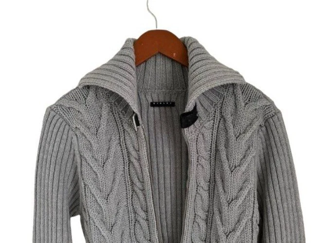 Cárdigan SISLEY Cremallera Completa Tejido con Cable Mezcla de Lana Gris Grueso Talla Med Foto 4 de 4