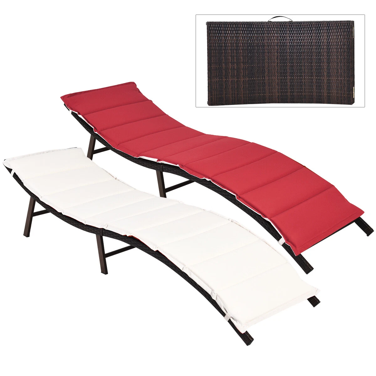 2PCS Folding Rattan Sun Loungers Chaise Lounge Chairs with Double