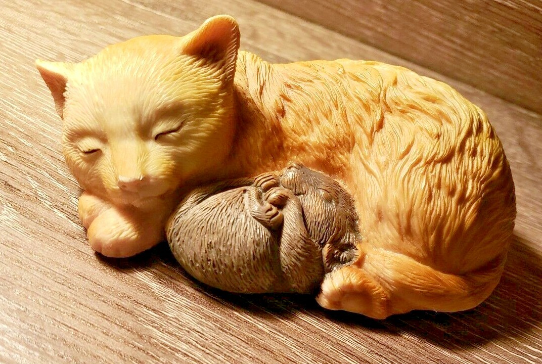 Vintage Napping Cat Cuddling a Happy Sleeping Mouse - Ceramic/Resin ...