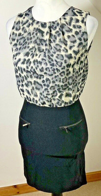 QED LONDON Shift Dress Black Grey Animal Size 8 Leopard Print Short Cotton Mix