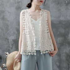 Ladies Retro Lace Crochet Cardigan Hollowed Out Vest Cotton Blend Gilet Tank Top