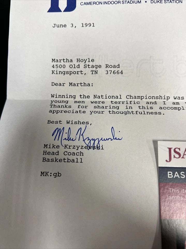 Mike Krzyzewski Signed National Championship Signed Letter JSA Duke Blue Devils - Image 3 of 3
