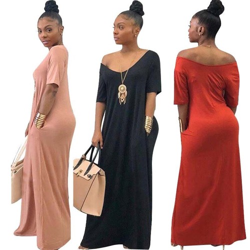 Maxi Dress V Neck Pocket Short Sleeve 