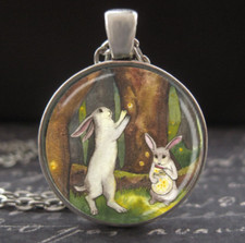 Firefly Lantern Bunny Necklace Sweet Whimsical Rabbit Art Pendant Silver Jewelry