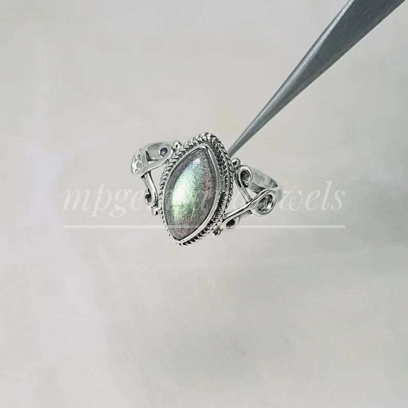 Кольцо из стерлингового серебра 925 пробы с натуральным лабрадоритом ручная работа все размеры - Изображение 2 из 4