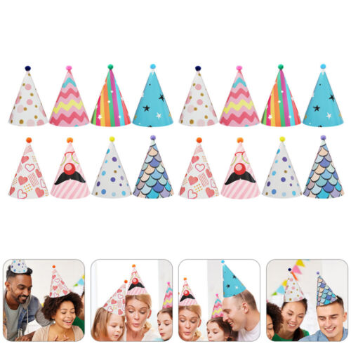  16 piezas Papel brillante Cono Sombrero Divertido Fiesta Sombreros Cumpleaños Tocados - Imagen 1 de 12