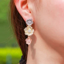 Multi-Tone Gold Plated Flower Drop Earrings Women Cubic Zirconia Wedding Jewelry