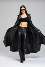 Women's Black Leather Full Length Trench Coat Pure Lambskin Stylish Casual Coat