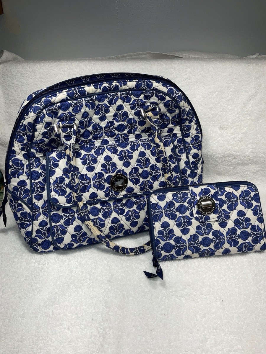 Vera Bradley Cobalt Tile Blue & White Satchel Handbag Purse And