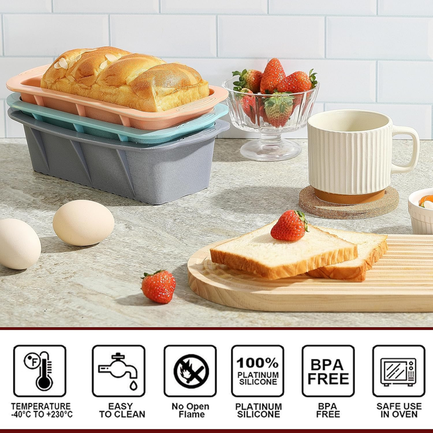 3PCS Silicone Bread Loaf Pan, Non-Stick Bread Pans Easy Release Loaf Pan