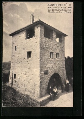 Postcard Oberflockenbach, Mannheim hut on the Eichelberg, lookout tower 