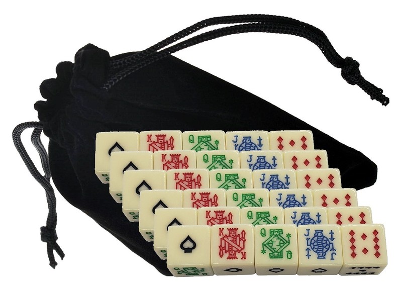 Set (30) Poker Dice Ivory Base Tone Bright Multi Color Symbols + Storage Pouch