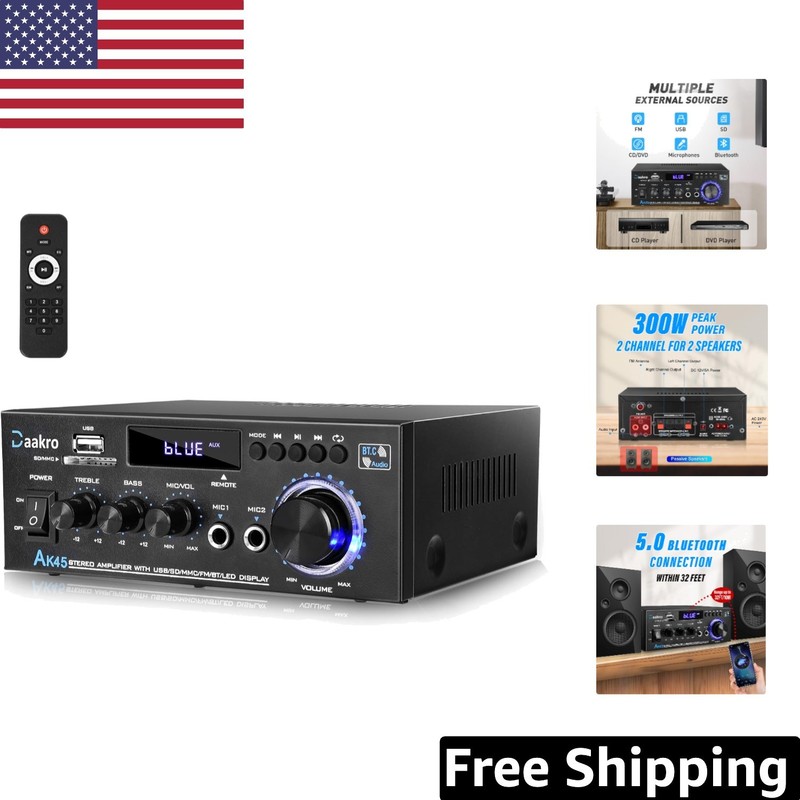 Wireless 2-Channel Amplifier with USB/SD Input & Treble Control for HiFi Sound