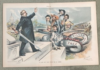 1895 Puck Cartoon ''Free Silver Craze'' Senators Stewart and Jones of Nevada