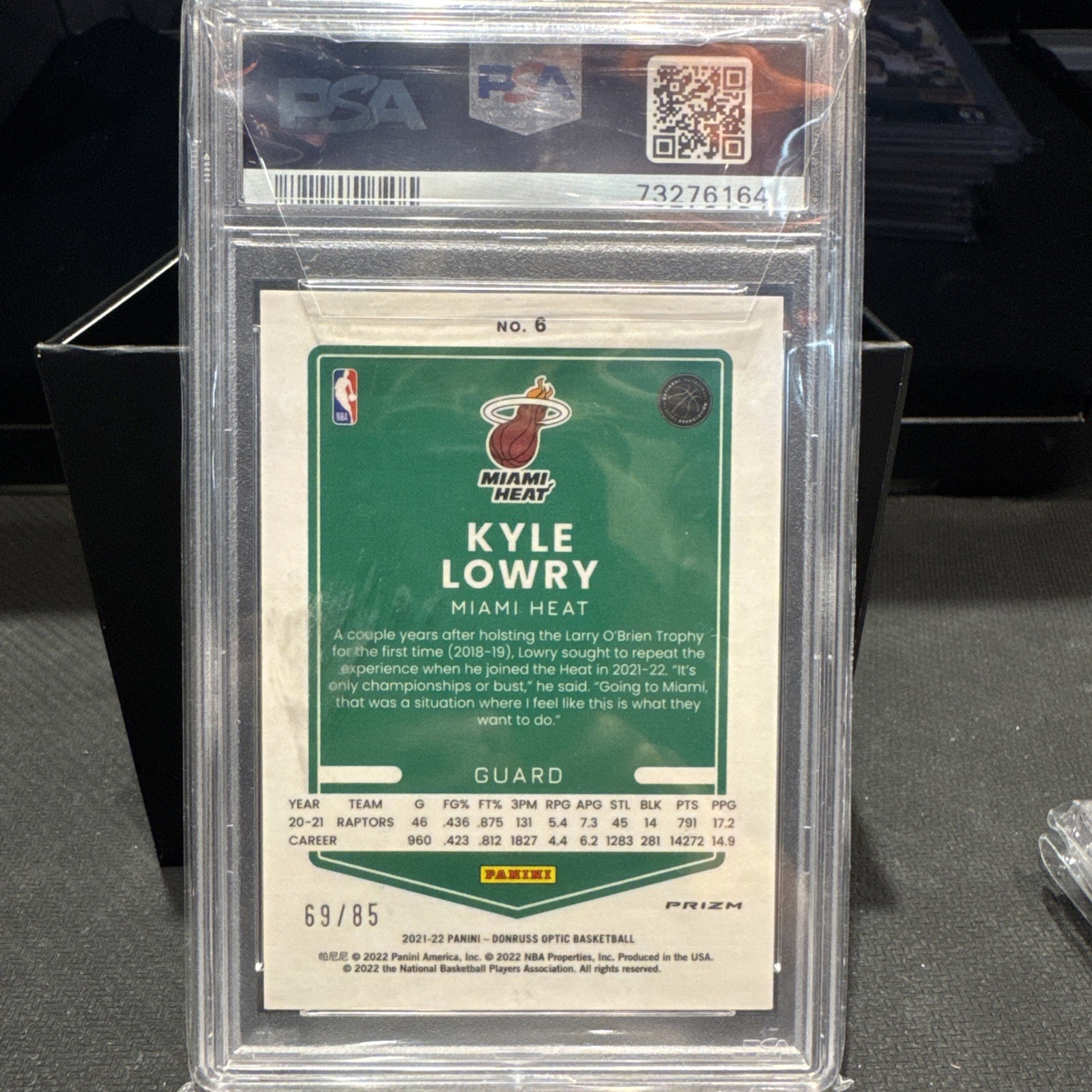2021-22 Panini Donruss Optic -Kyle Lowry #6 Red Fast Break Prizm /85 PSA 9 POP 2 view 2