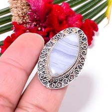 Blue Lace Agate Fine Art Oxidised 925 Sterling Silver Ring s.8 Sk20, Christmas