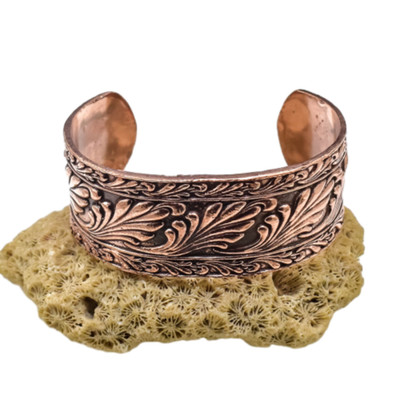 Vintage Style Copper Cuff Bracelet | Engraved Floral Pattern Handmade Jewelry