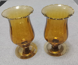 SET OF 2 VTG HOME INTERIOR AMBER CLASSIQUE CRIMP EDGE CANDLE VOTIVE HOLDER CUPS