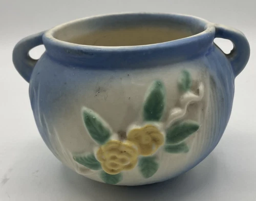 Vintage Weller Vase Blue and Yellow Flowers w/ Handles 3" x 3.75" 1930's