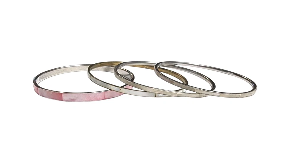 Pink & White Abalone MOP Shell Inlay Bangle Bracelets Lot of 4 Retro Costume GUC - Image 2 of 4