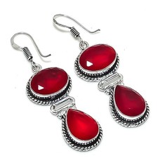 Red Garnet Handmade Gemstone 925 Sterling Silver Jewelry Earring Size 1.9
