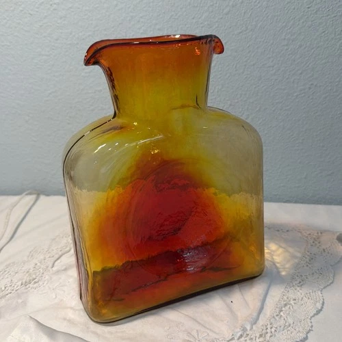 Vintage Blenko Art Glass Water Bottle Amberina Double Spout - 8" Tall
