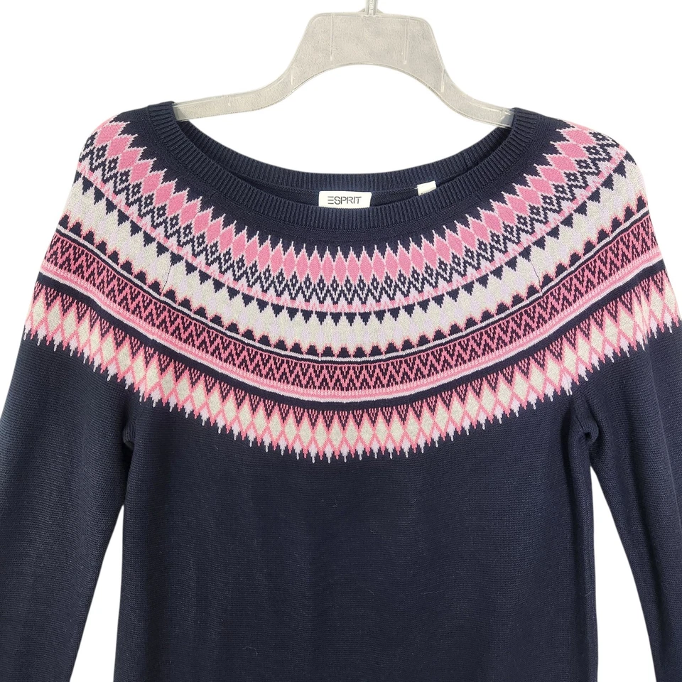 ESPRIT Women's Navy Blue Fair Isle Sheath Knit Long Sleeve Sweater Dress SMALL - Image 4 of 4