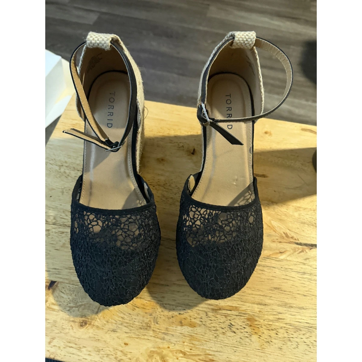 Torrid Wedge Heels Black for sale | eBay Size 6.5 wide TORRID Black Faux Suede Strappy Cork Wedge Sandals shoes main image 0