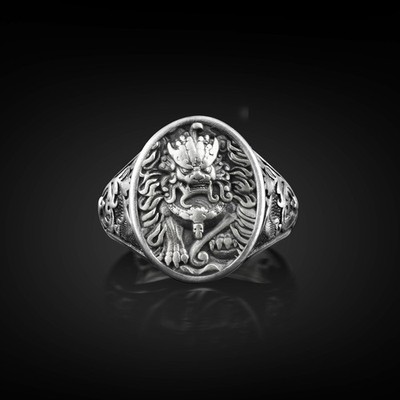 Foo Dog Oval Signet Men Ring in Sterling Silver, Chinese Mythology Guardian