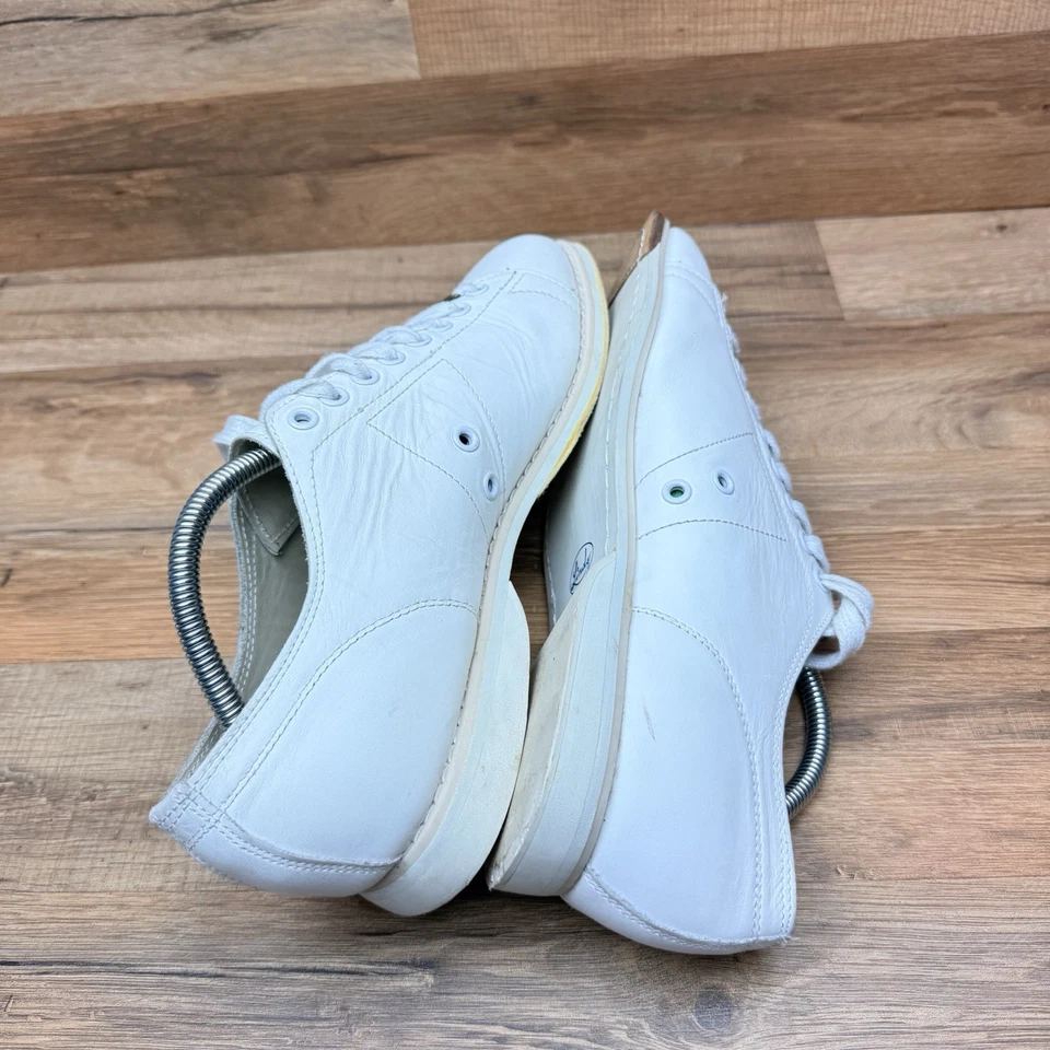 Tênis de boliche vintage Linds clássico feminino tamanho 9 couro branco mão direita - Imagem 2 de 4