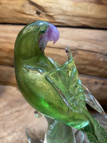 Vintage Murano Handmade Heavy GreenBird Glass Figurine, Gold Dust