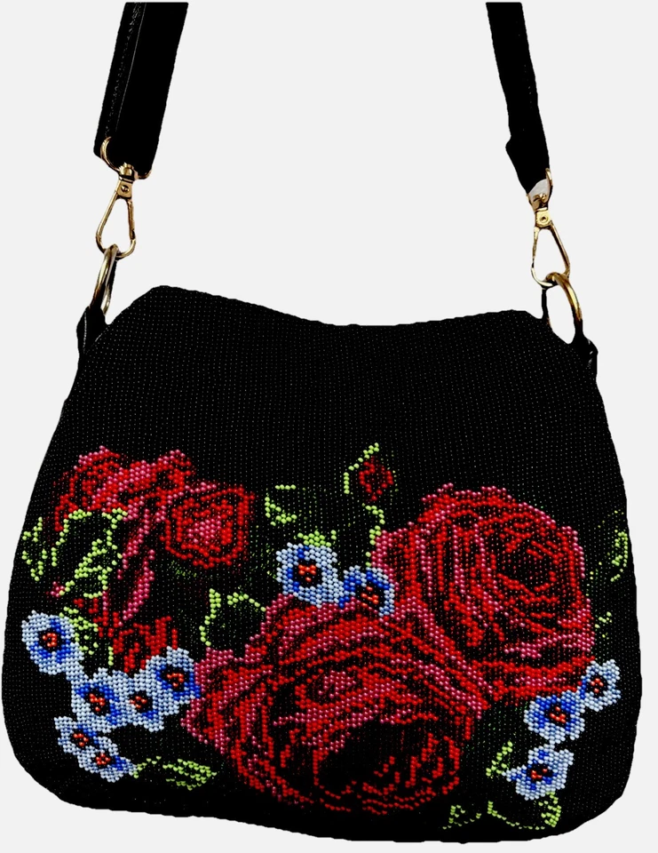 Bolso de cuero hecho a mano con cuentas de semillas checas bordado floral aspecto vintage hecho a mano Foto 2 de 4