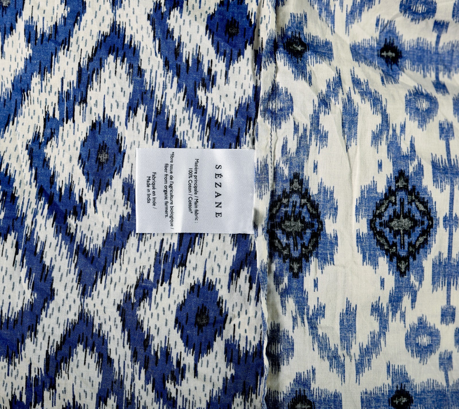 Sezane Boby Blouse Blue Ikat S 36 Women Printed Ruffle Shirt Boho Top NWT 45356