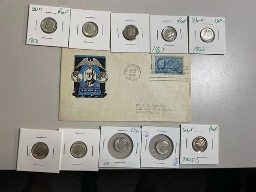 Lot Of 10 Circulated Uncirculated And Proof Rosevelt Dimes With FDI Stamp All90%