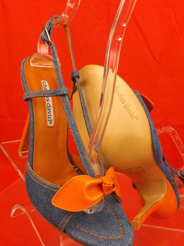 NIB CHARLES DAVID BLUE DENIM ORANGE LEATHER BOW SLINGBACK SANDALS PUMPS 8 SPAIN - Picture 9 of 10