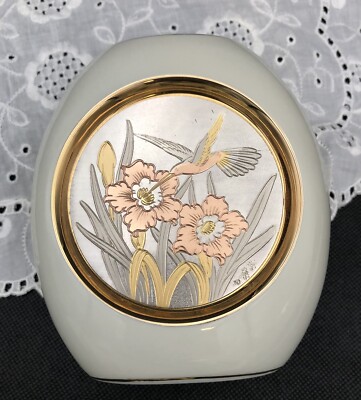THE ART OF CHOKIN 彫金 花瓶 飾り物 The Art of Chokin Small Vase 24k Gold Edged Hummingbird Flowers