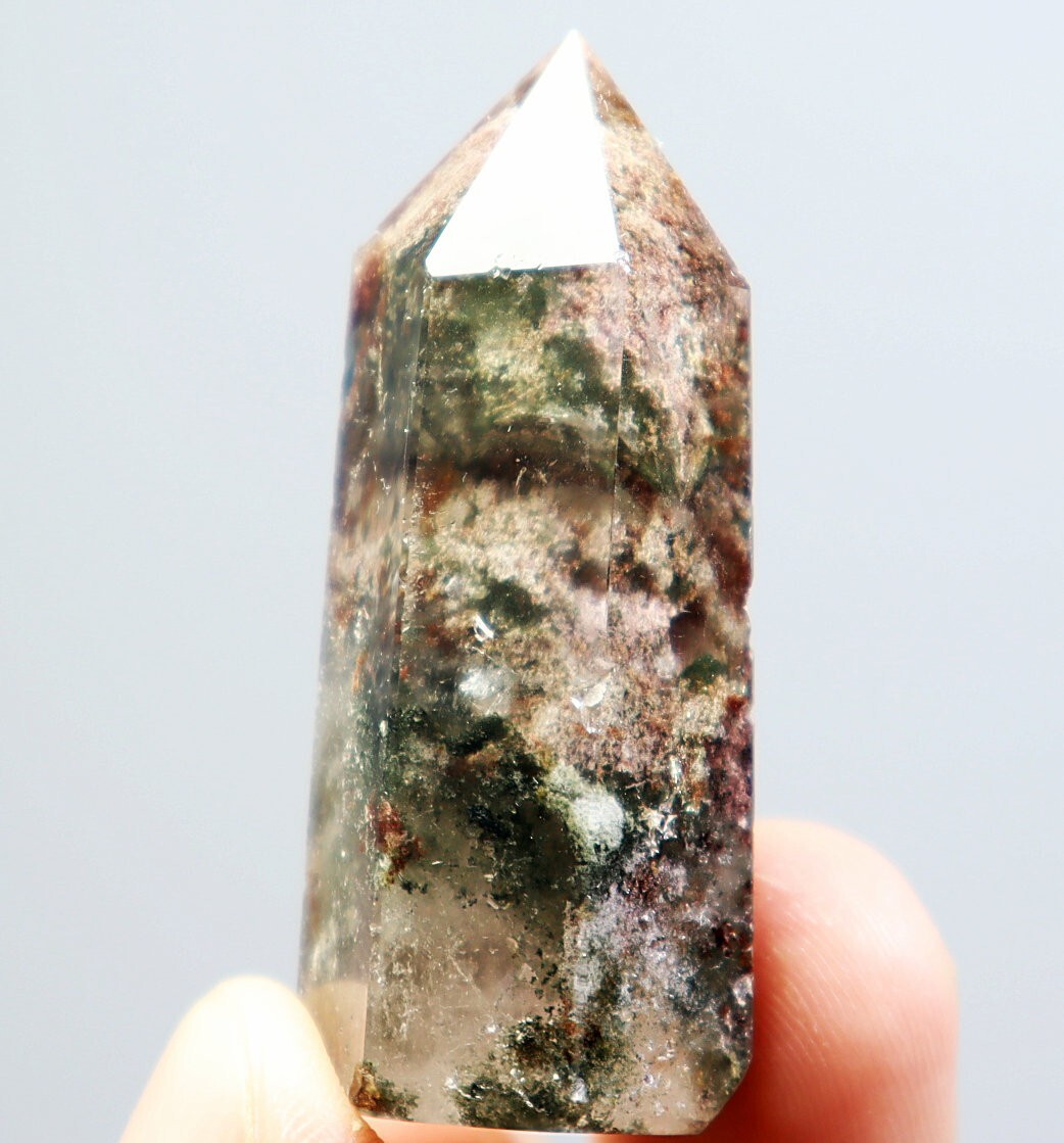 Natural Garden Green Red Ghost Phantom Quartz Crystal Point Tower
