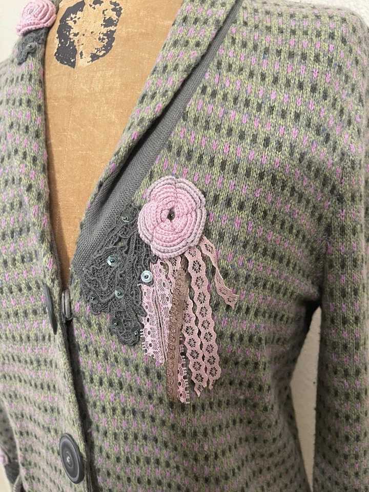 Cárdigan Suéter Sigrid Olsen Crochet Ribete Rosa Oliva Lana Seda Cachemira Mediano Foto 3 de 4
