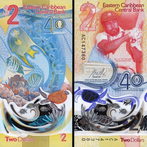 East Caribbean 2 Dollars 2023 - 2024, UNC, POLYMER, Comm. 40th Year,P-New Design - Afbeelding 1 van 4