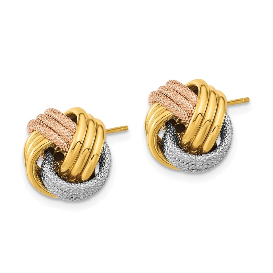 Pendientes de nudo triple amor texturizados con polo de rodio blanco y rosa de 12,5 mm de oro de 14 k Foto 2 de 4